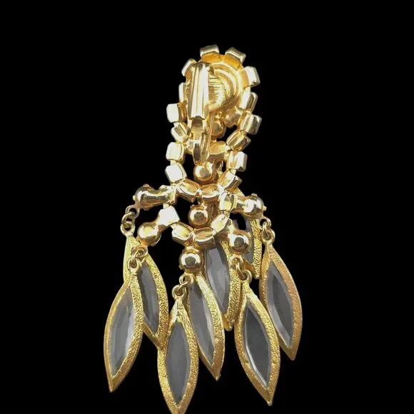 Runway Chandelier Gold-Tone Clip-On Earrings Clear Crystals & Dangle Leaf Charms - Picture 6 of 7